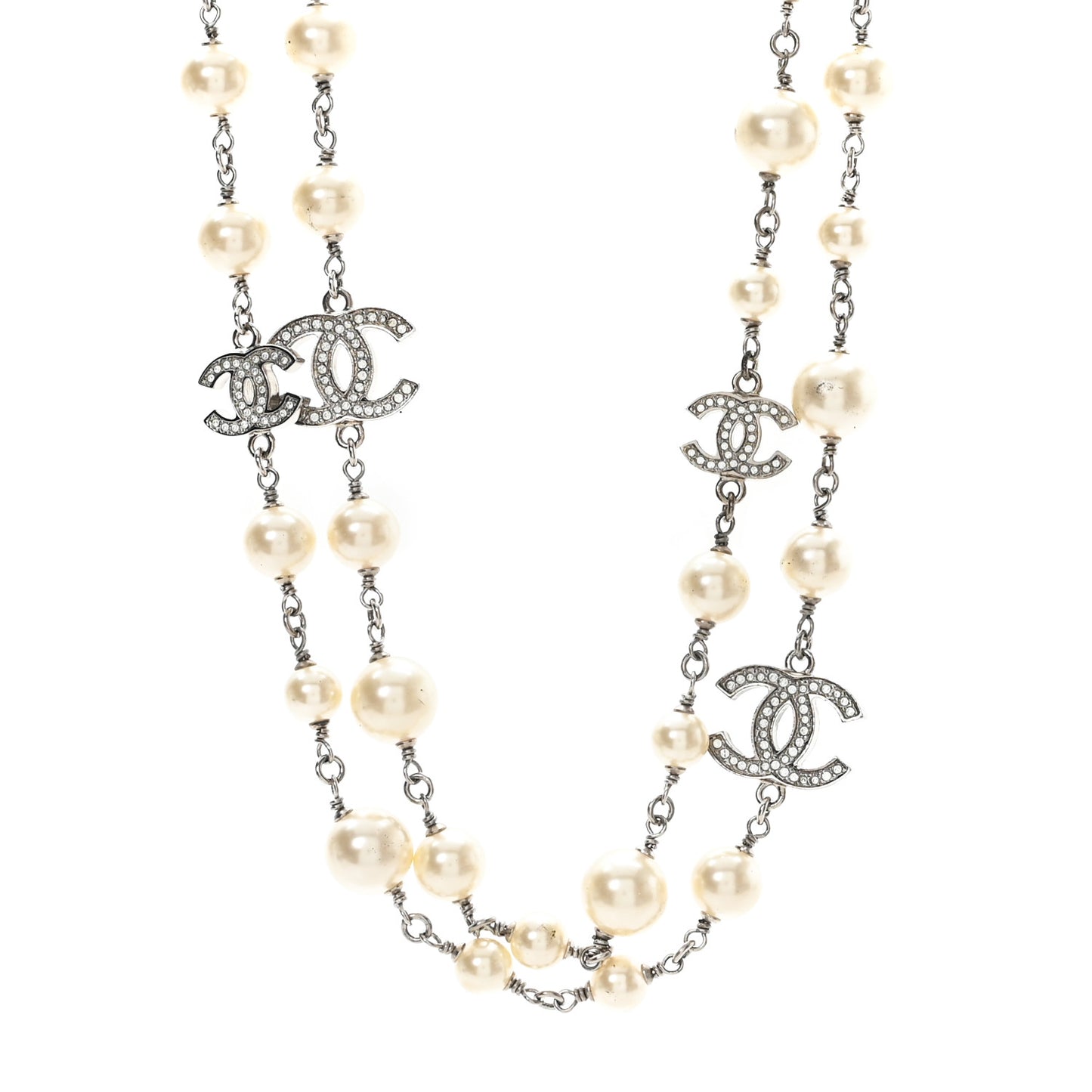 Graduated Pearl Crystal CC Long Necklace Silver