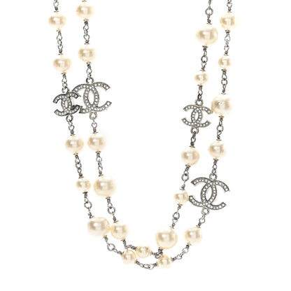 Chanel Graduated Pearl Crystal CC Long Necklace Silver 1 of 5