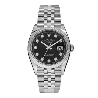 Rolex Stainless Steel 18K White Gold Diamond 36mm Oyster Perpetual Datejust Watch Black 126234 1 of 5