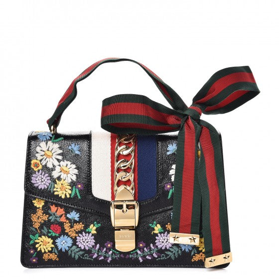 Calfskin Embroidered Small Sylvie Shoulder Bag Black