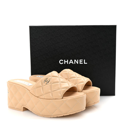 Chanel Lambskin Quilted CC Mules Wedge Sandals 39 Beige 10 of 10