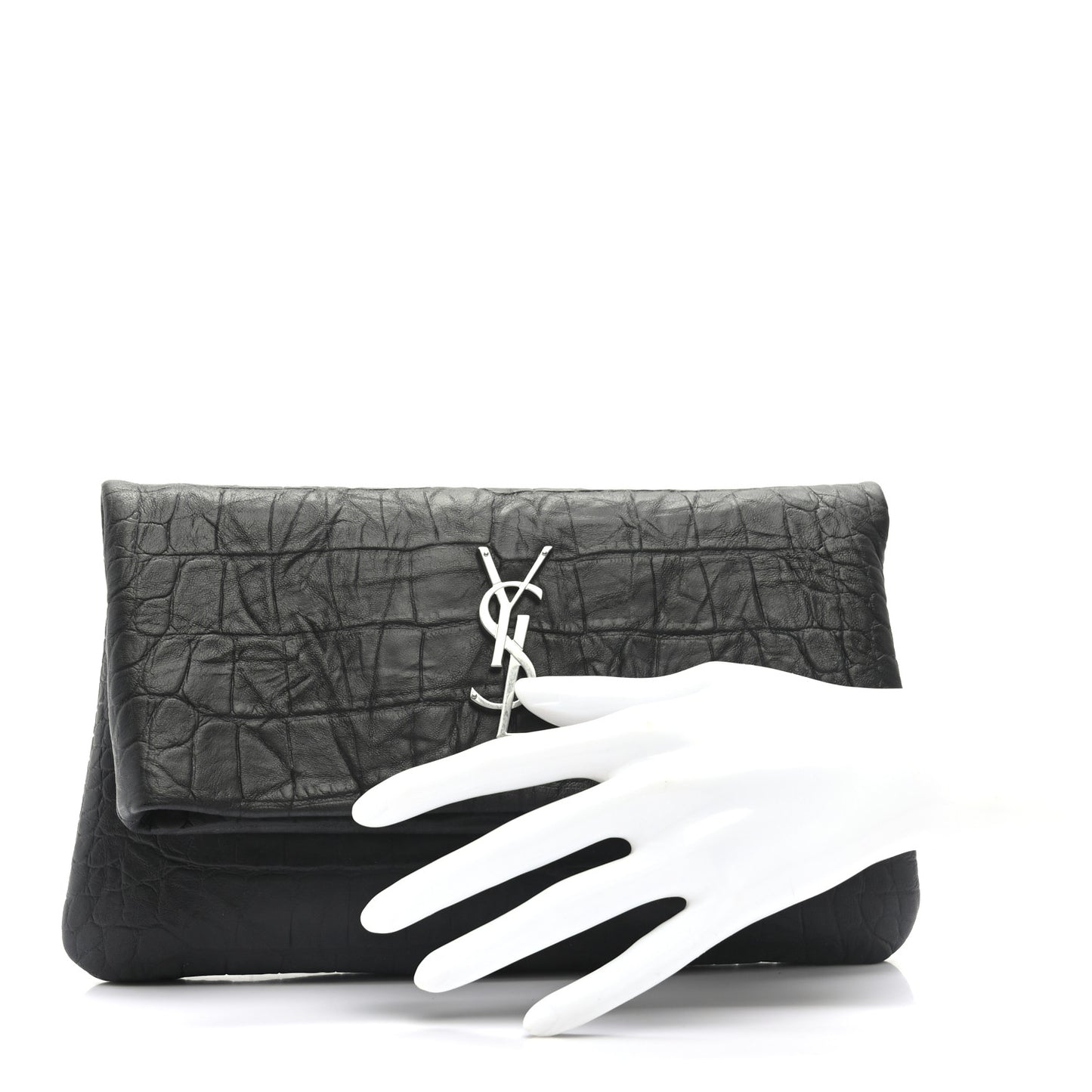 Calfskin Crocodile Embossed West Hollywood Monogram Fold Over Clutch Black