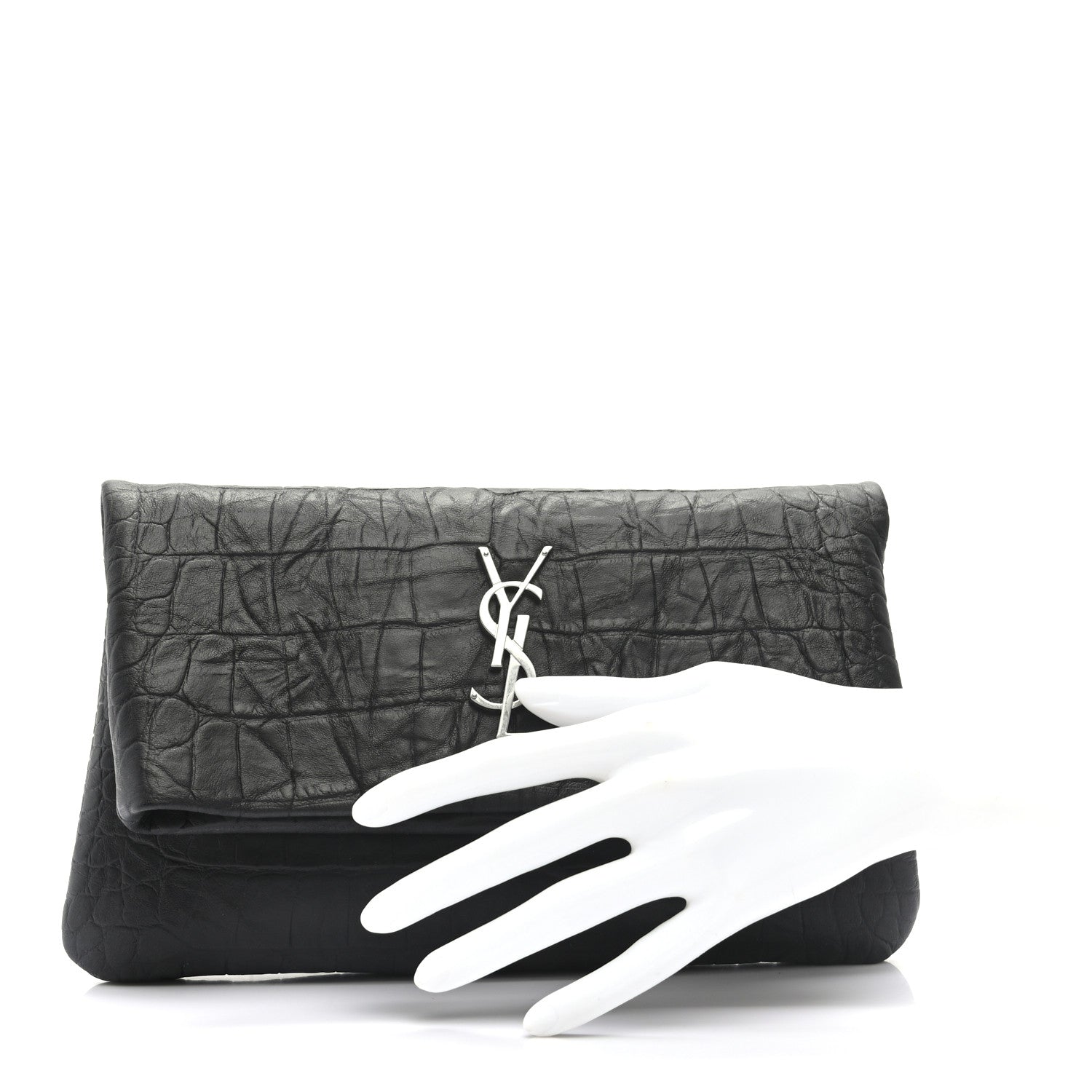 Saint Laurent Calfskin Crocodile Embossed West Hollywood Monogram Fold Over Clutch Black 2 of 8