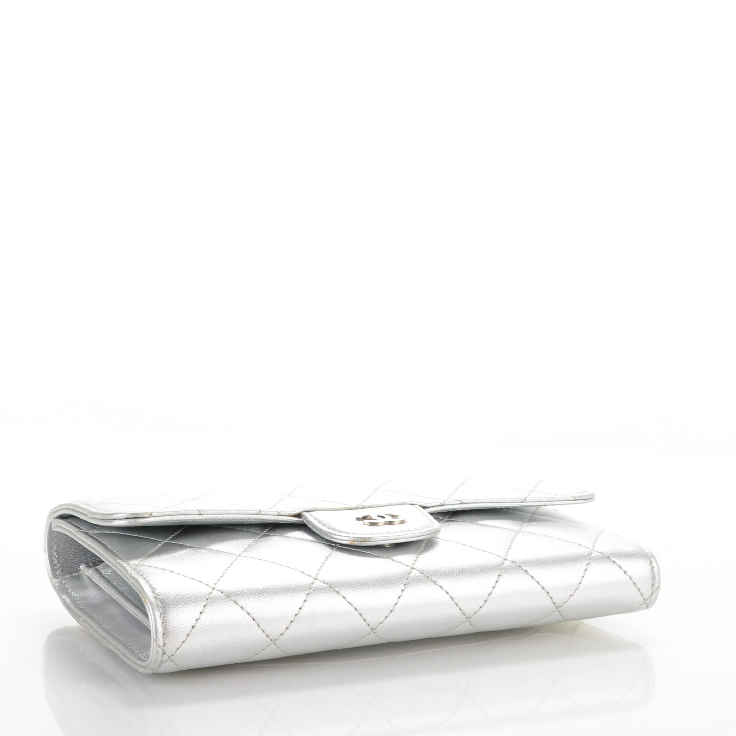 Metallic Lambskin Quilted Large Flap Wallet Silver