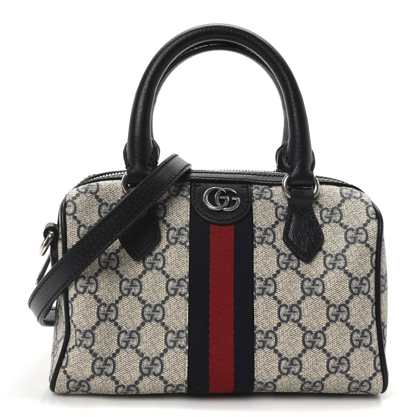 GG Supreme Monogram Textured Dollar Calfskin Web Mini Ophidia Top Handle Bag Beige Blue