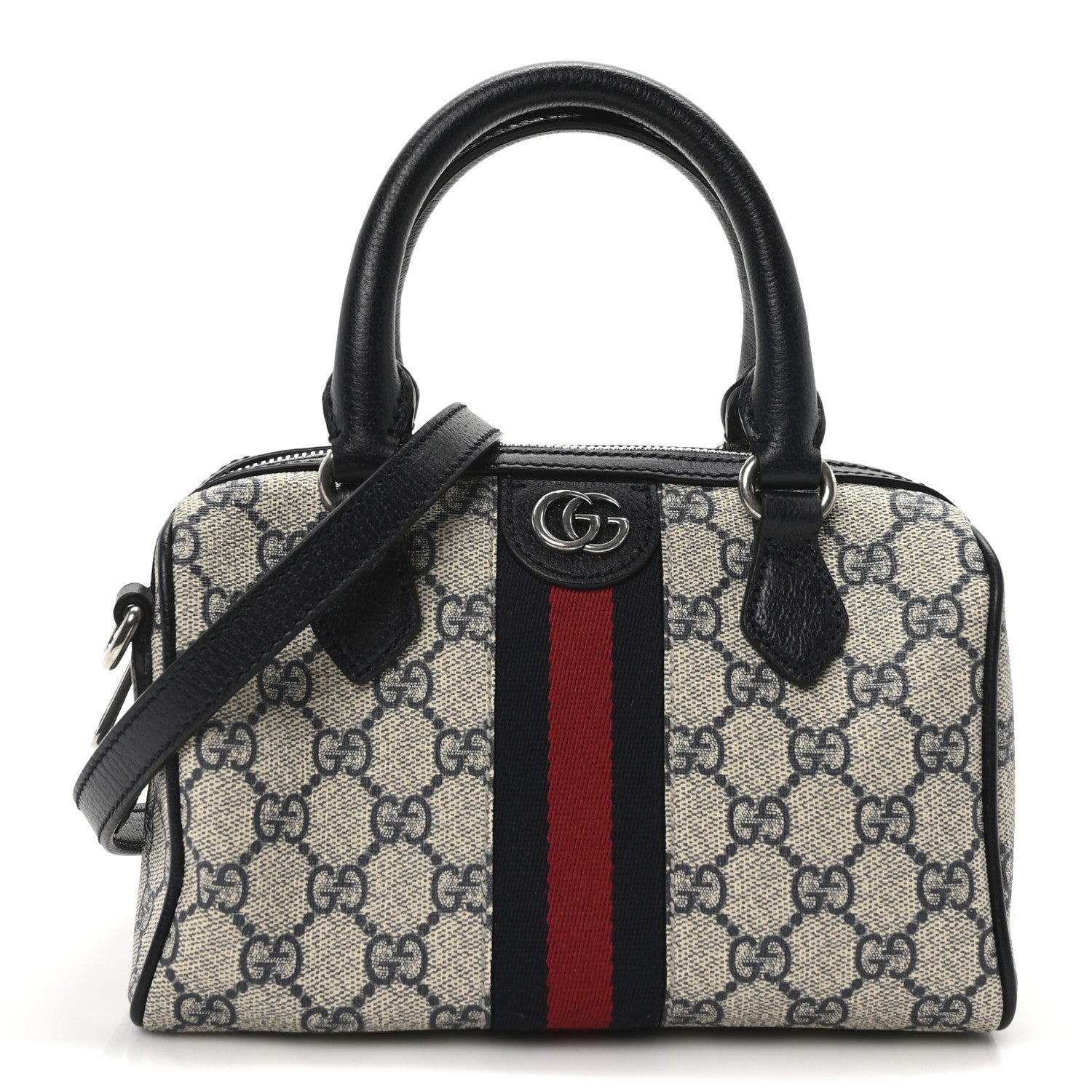 Gucci GG Supreme Monogram Textured Dollar Calfskin Web Mini Ophidia Top Handle Bag Beige Blue 1 of 10