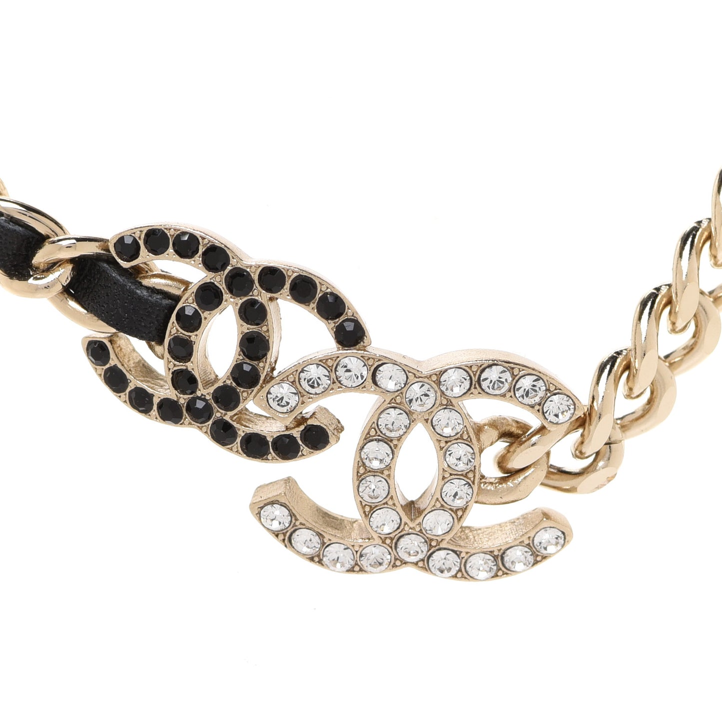 Metal Calfskin Crystal Double CC Short Necklace Black Gold