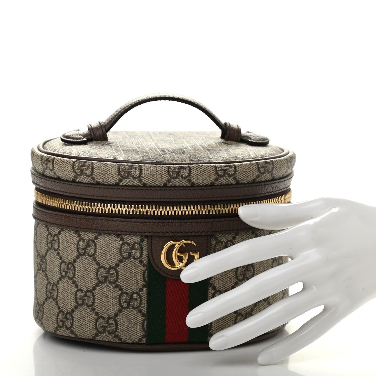 GG Supreme Monogram Textured Calfskin Web Ophidia Vanity Cosmetic Case Beige Ebony New Acero