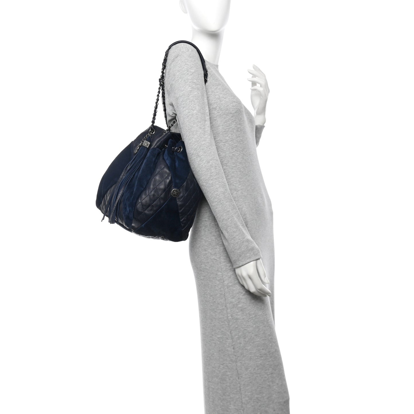 Goatskin Suede Calfskin Quilted Patchwork Drawstring Bag Blue