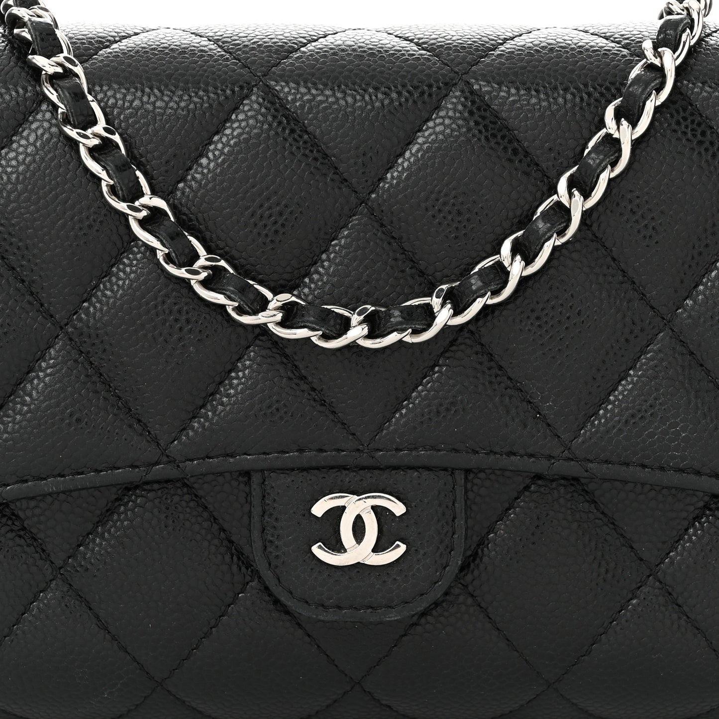 Caviar Quilted Phone Holder Wallet on Removable Chain Black
