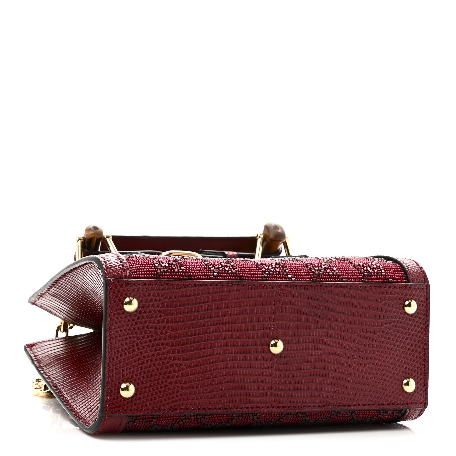 Gucci Moire Fabric Calfskin Rhinestone Monogram Monochrome Lizard Embossed Mini Diana Tote Bag Red 4 of 10