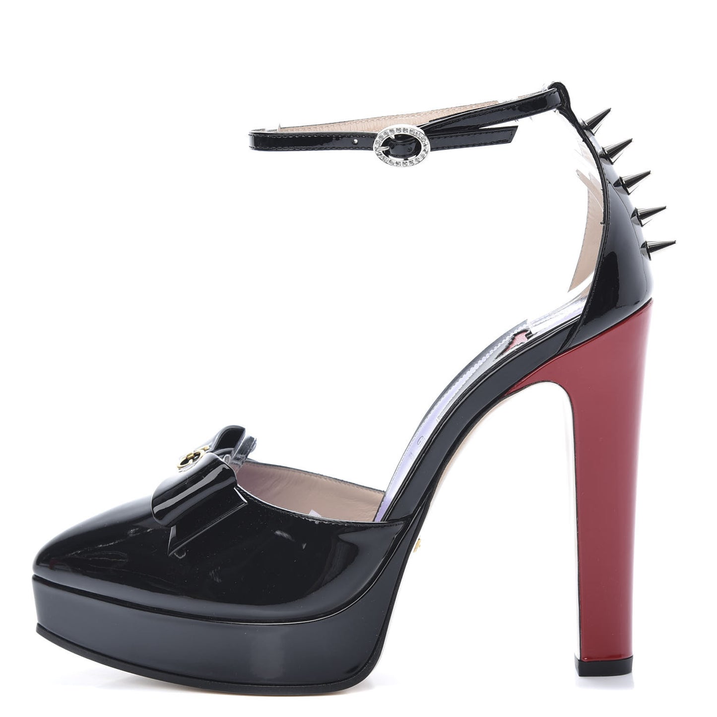 Patent Crystal GG Bow Sadie Spike Ankle Strap d'Orsay Platform High Heel Pumps 38.5 Black