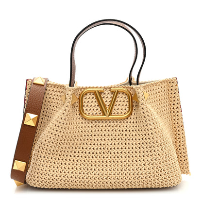 Valentino Garavani Raffia Grained Calfskin Small Rockstud Vlogo Tote Naturale 1 of 8