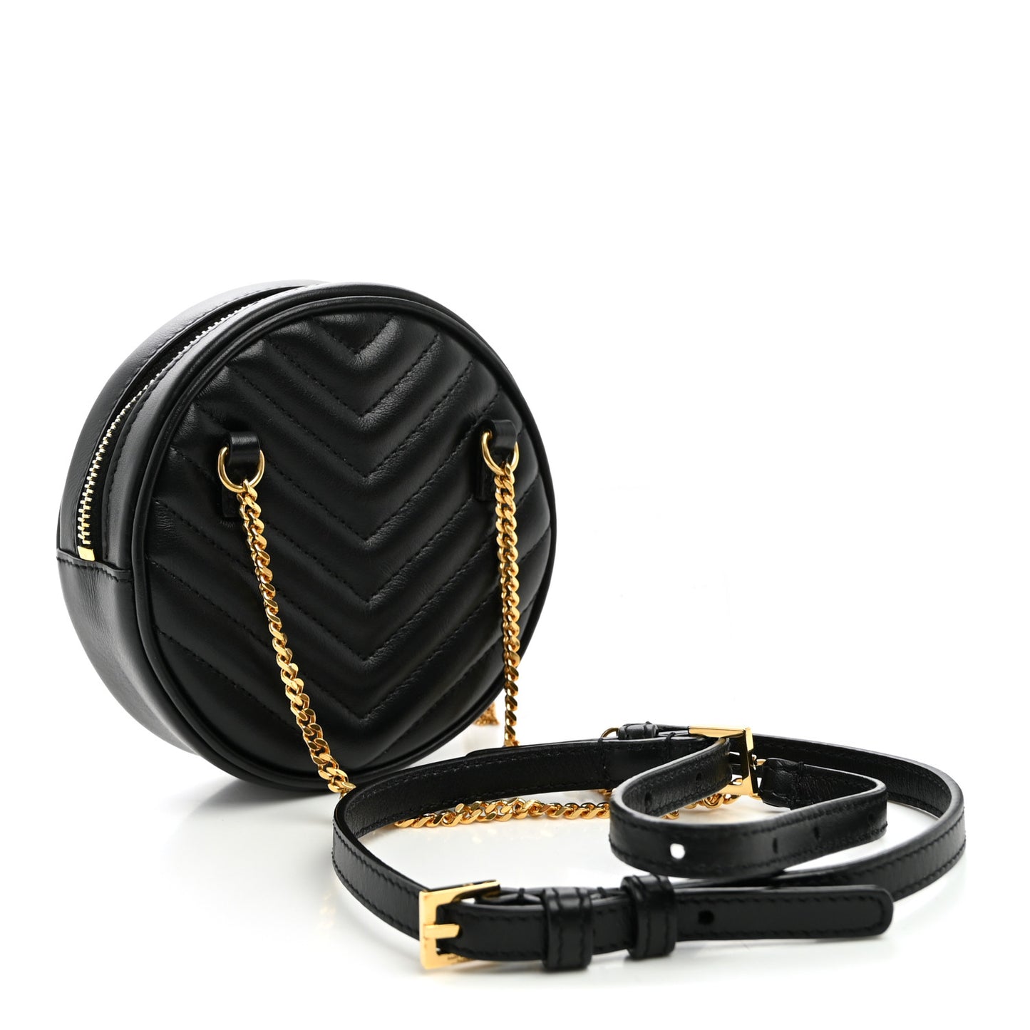 Calfskin Matelasse Chevron Quilted Baby Round Vinyle Belt Bag Black