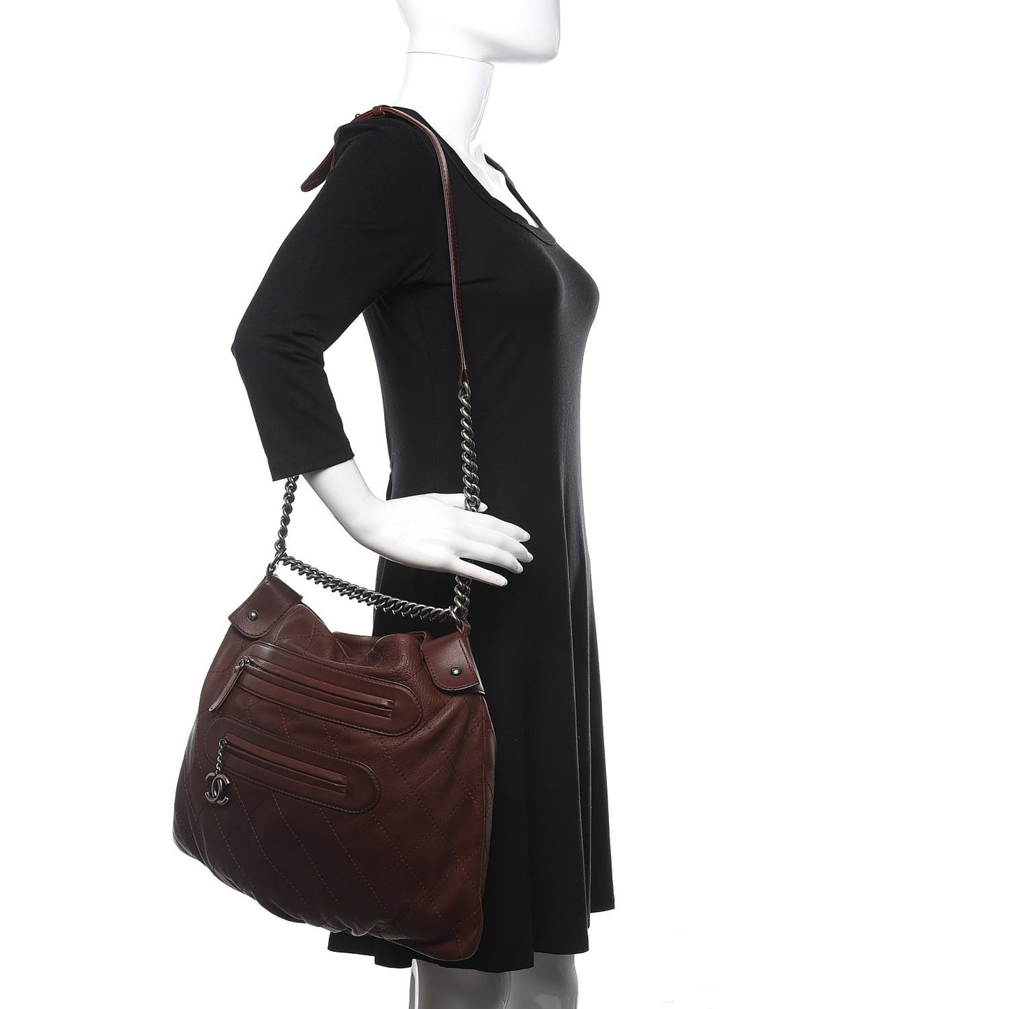Calfskin Stitched Double Zip Hobo Brown