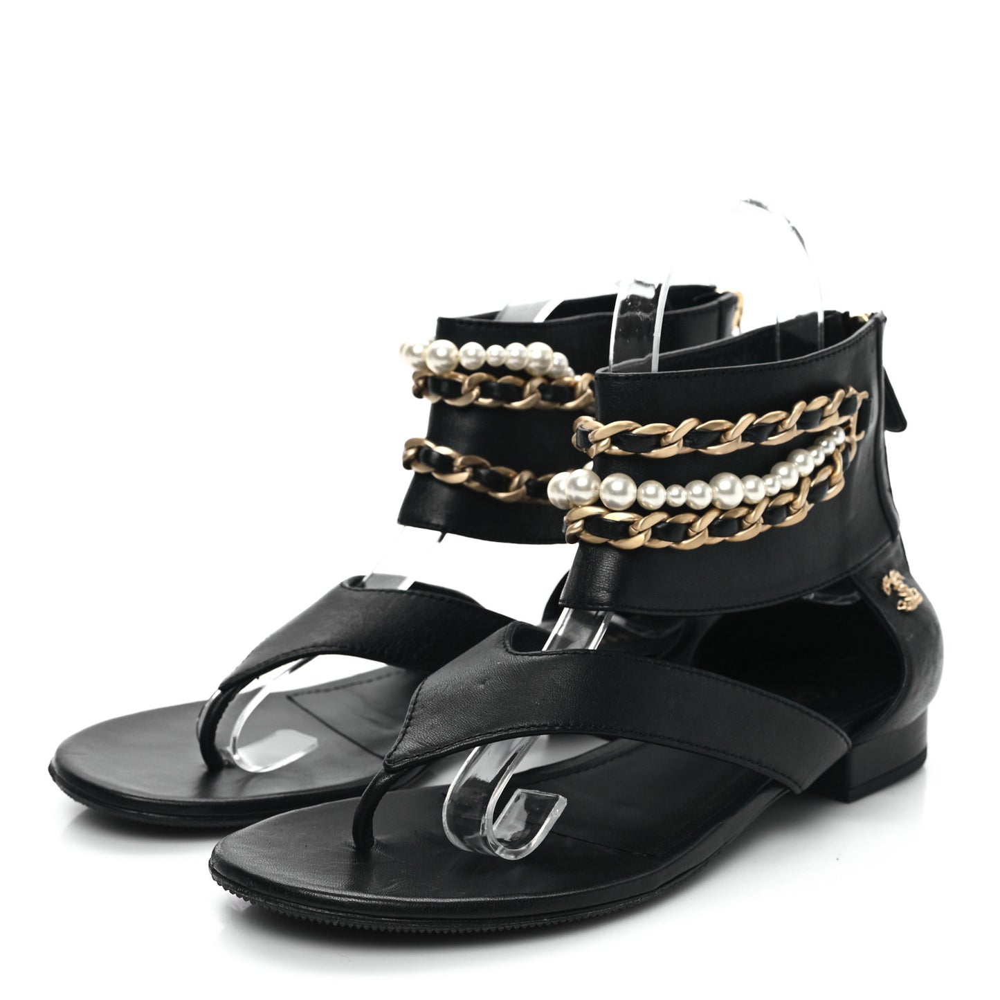 Lambskin Pearl Chain CC Thong Sandals 38 Black