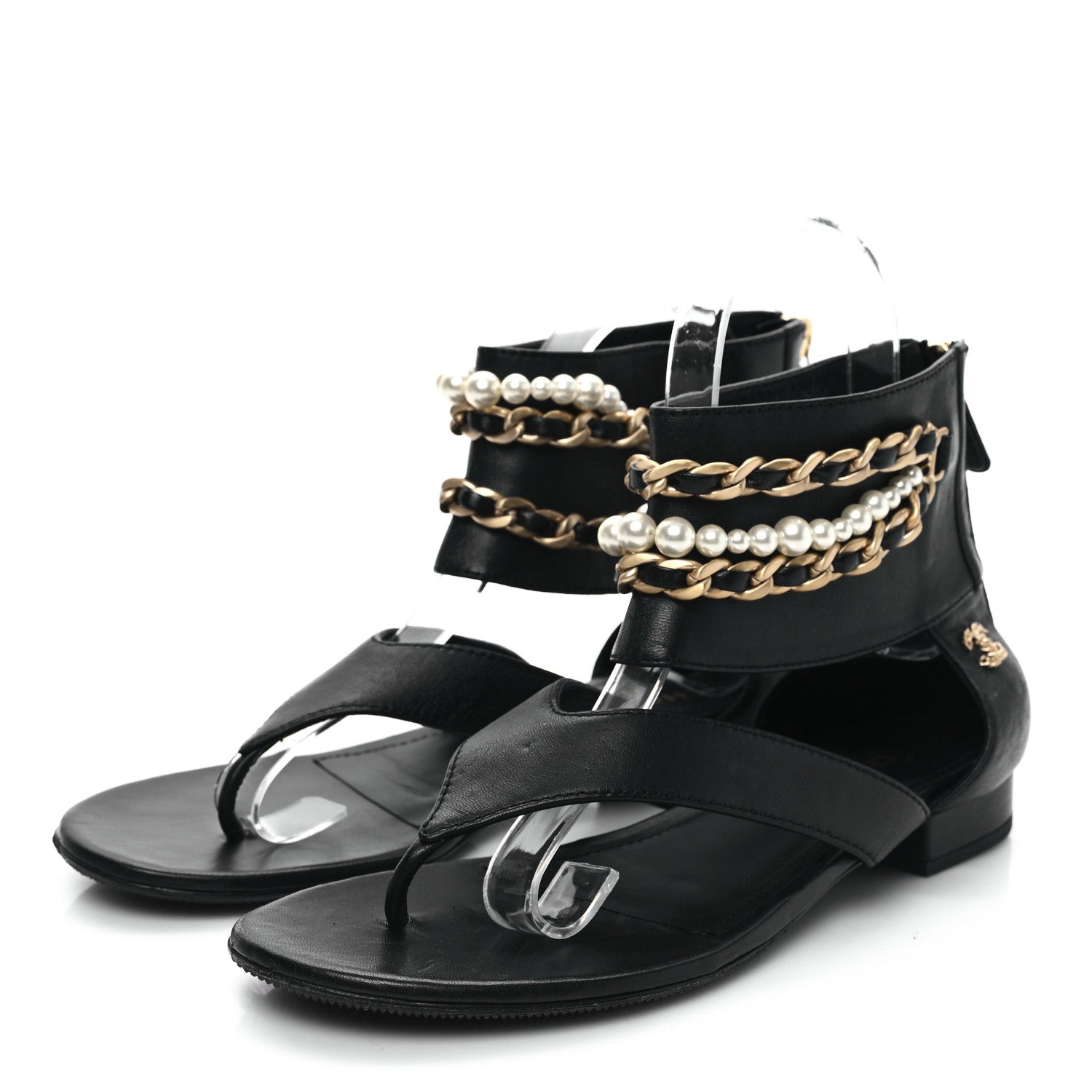 Chanel Lambskin Pearl Chain CC Thong Sandals 38 Black 3 of 8