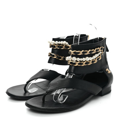 Chanel Lambskin Pearl Chain CC Thong Sandals 38 Black 3 of 8