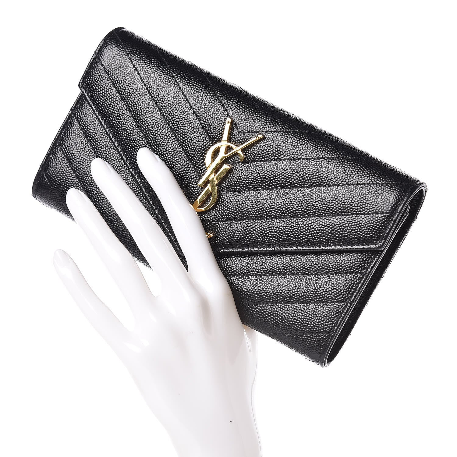 Saint Laurent Grain De Poudre Matelasse Chevron Monogram Flap Wallet Black 2 of 9