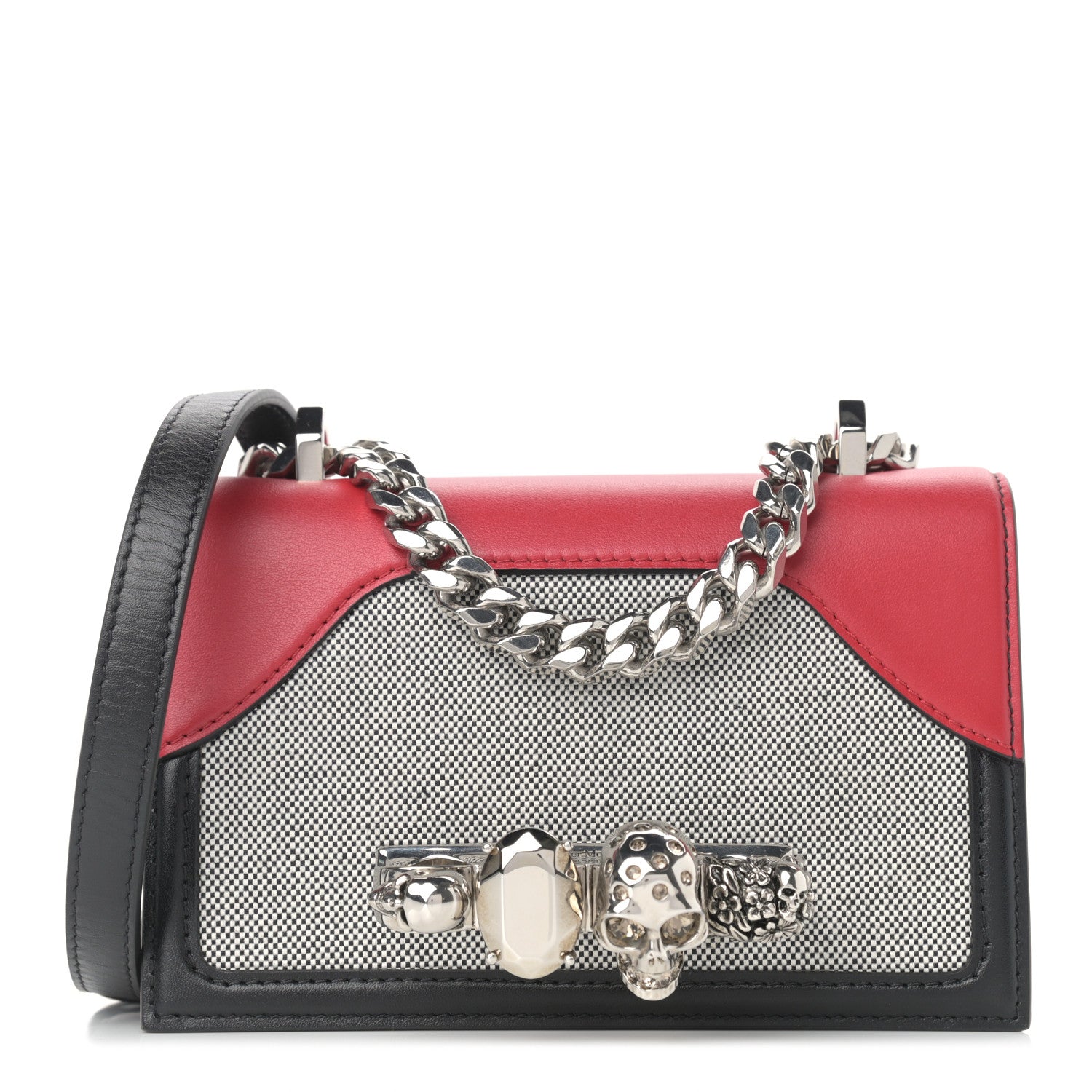 Alexander McQueen Soft Calfskin Woven Jeweled Knuckle Satchel Red Black 1 of 9