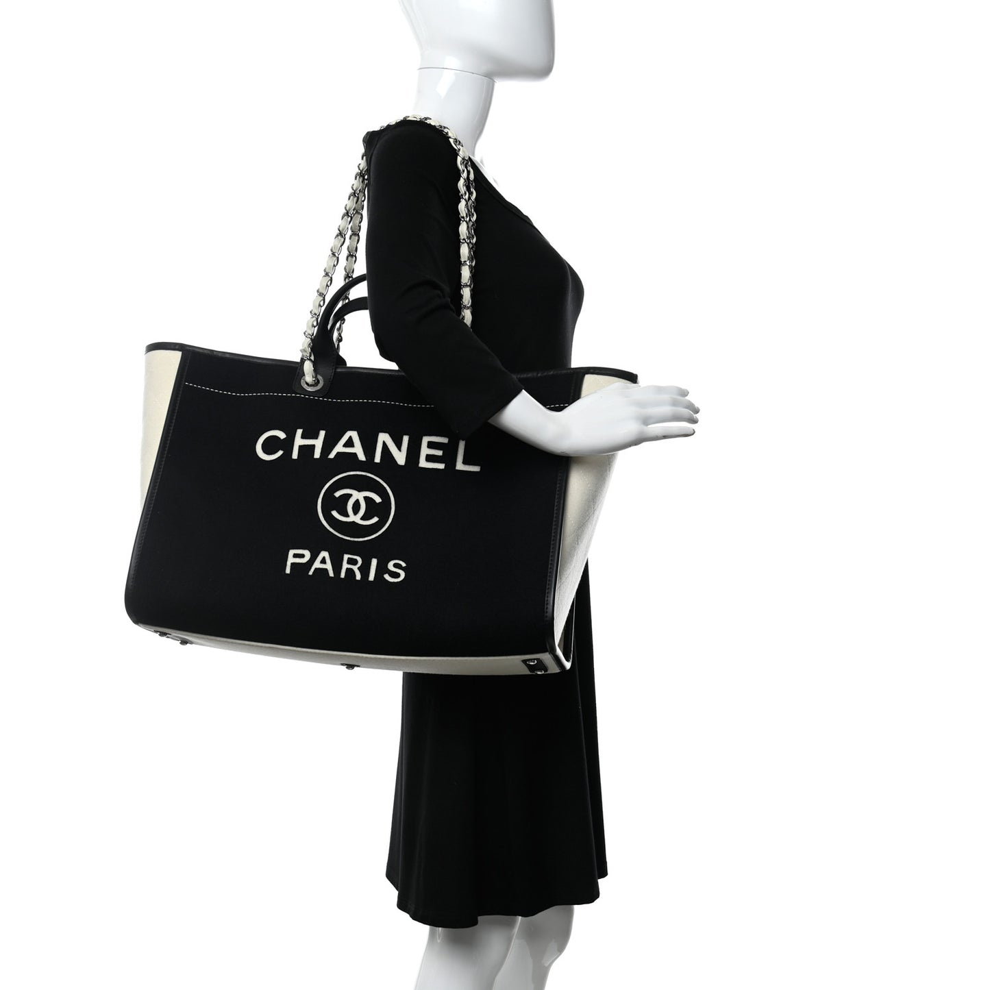 Wool Felt Calfskin Large Deauville Tote Black White