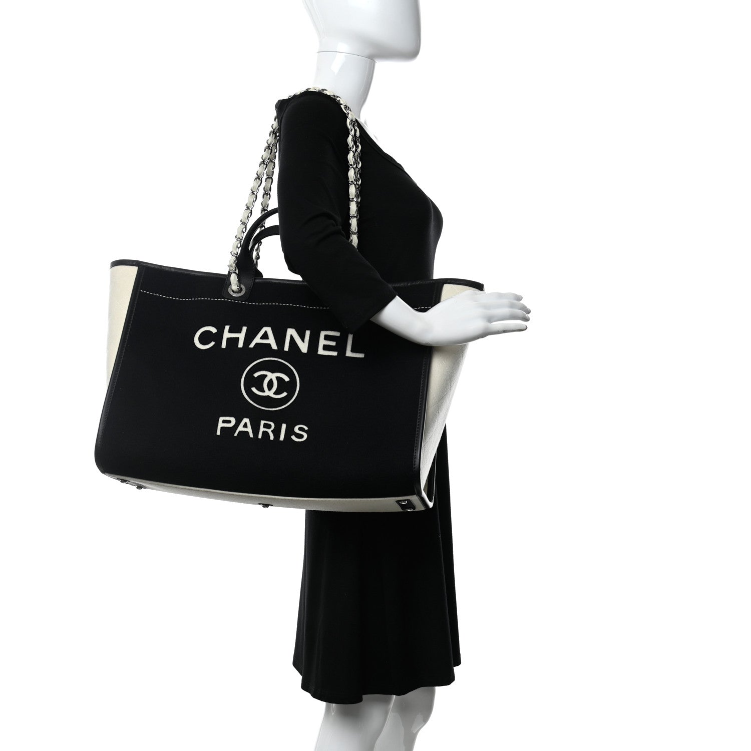Chanel Wool Felt Calfskin Large Deauville Tote Black White 2 of 10