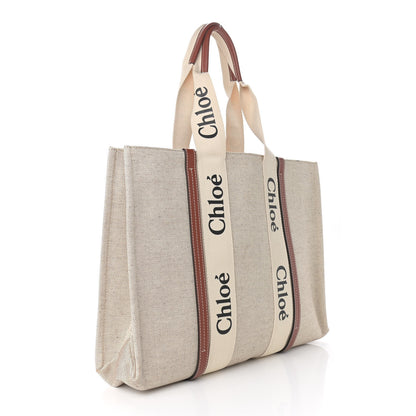 Chloe Cotton Calfskin Large Woody Ribbon Tote White Brown 3 of 9
