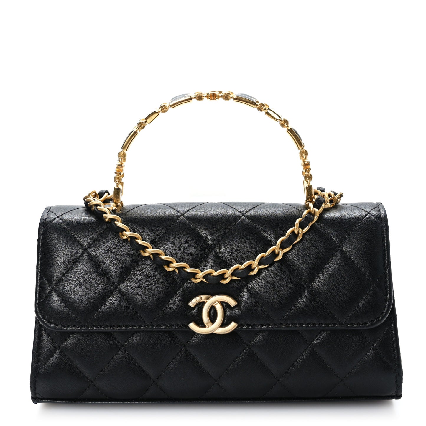 Lambskin Enamel Quilted Top Handle Flap Phone Holder With Chain Black