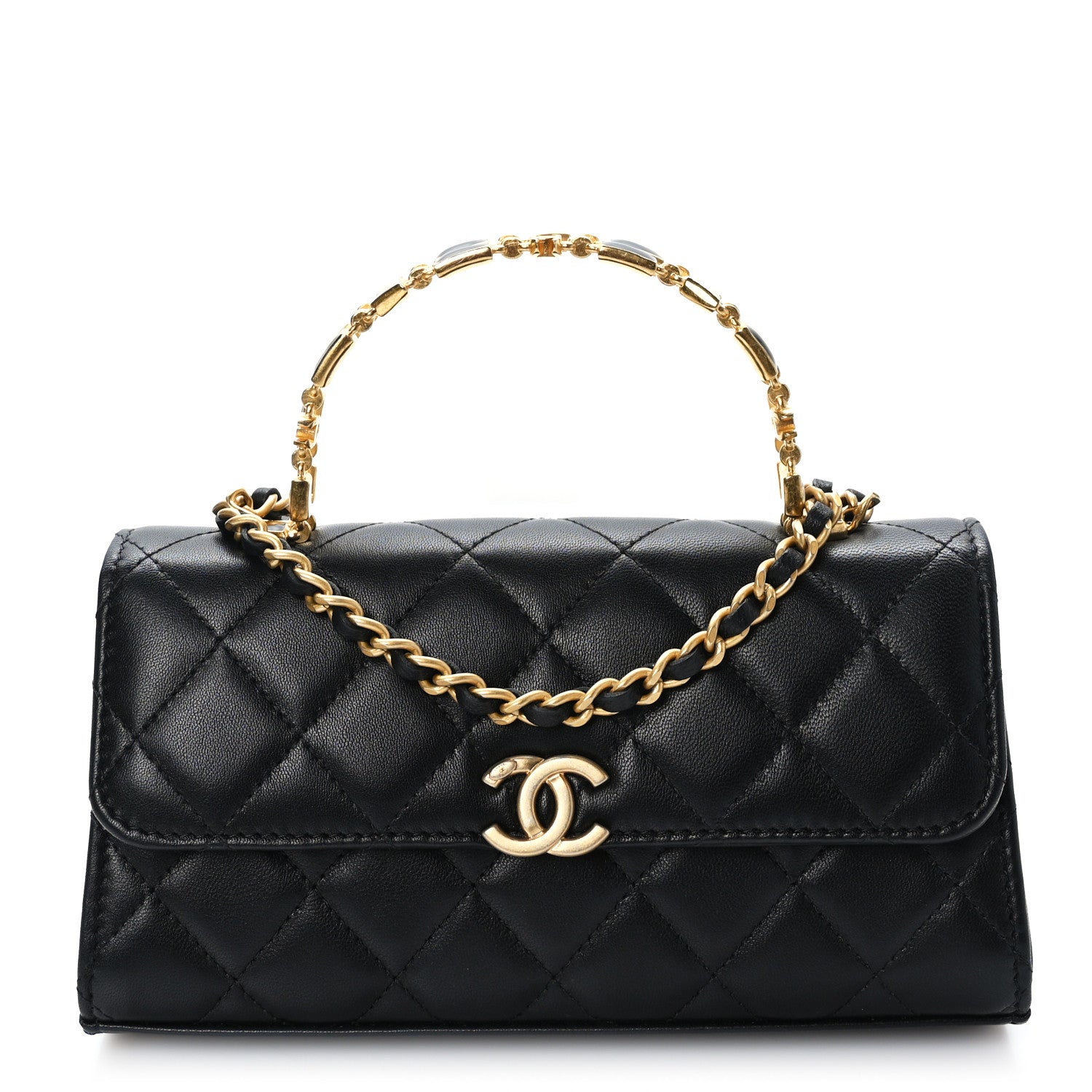 Chanel Lambskin Enamel Quilted Top Handle Flap Phone Holder With Chain Black 1 of 9