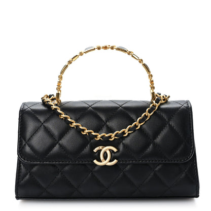 Chanel Lambskin Enamel Quilted Top Handle Flap Phone Holder With Chain Black 1 of 9