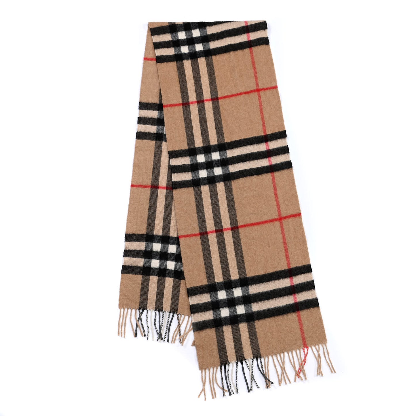 Cashmere Giant Check Fringe Scarf Camel