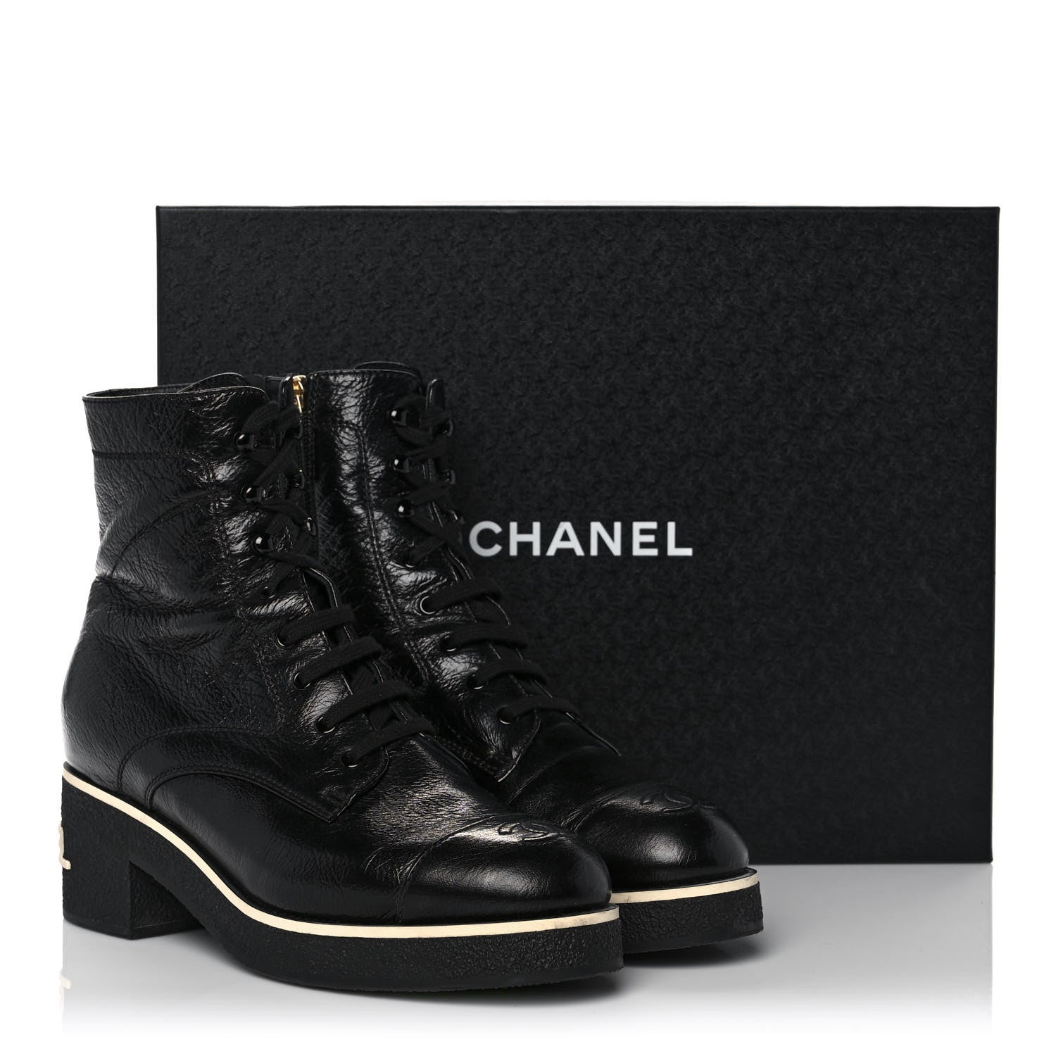 Chanel Shiny Crumpled Lambskin Lace Up Combat Boots 41.5 Black 9 of 9
