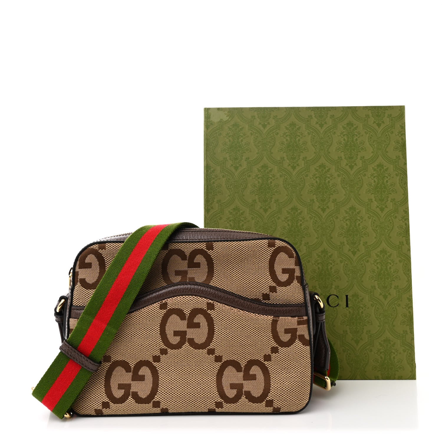 Gucci Monogram Jumbo GG Textured Dollar Calfskin Web Messenger Shoulder Bag Camel Ebony New Acero 11 of 11
