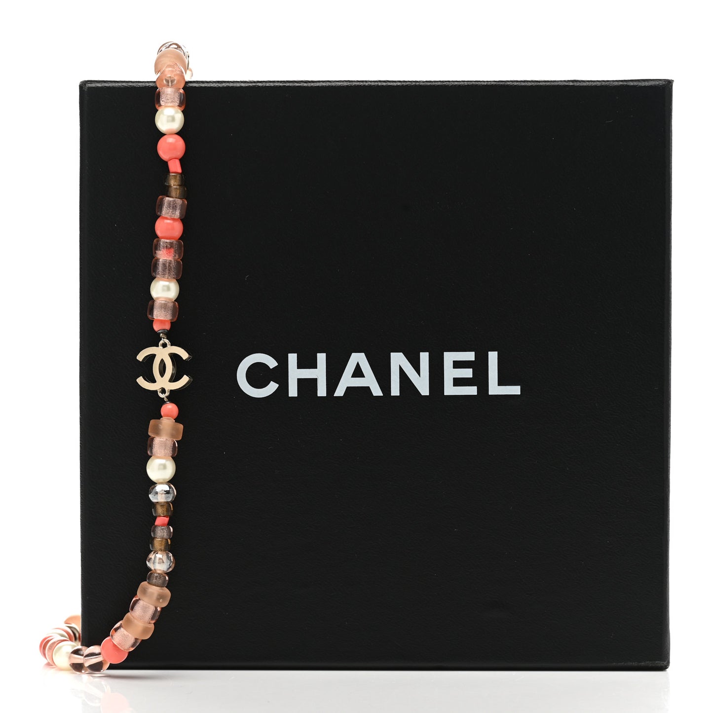 Beaded Resin Pearl CC Long Necklace Gold Multicolor