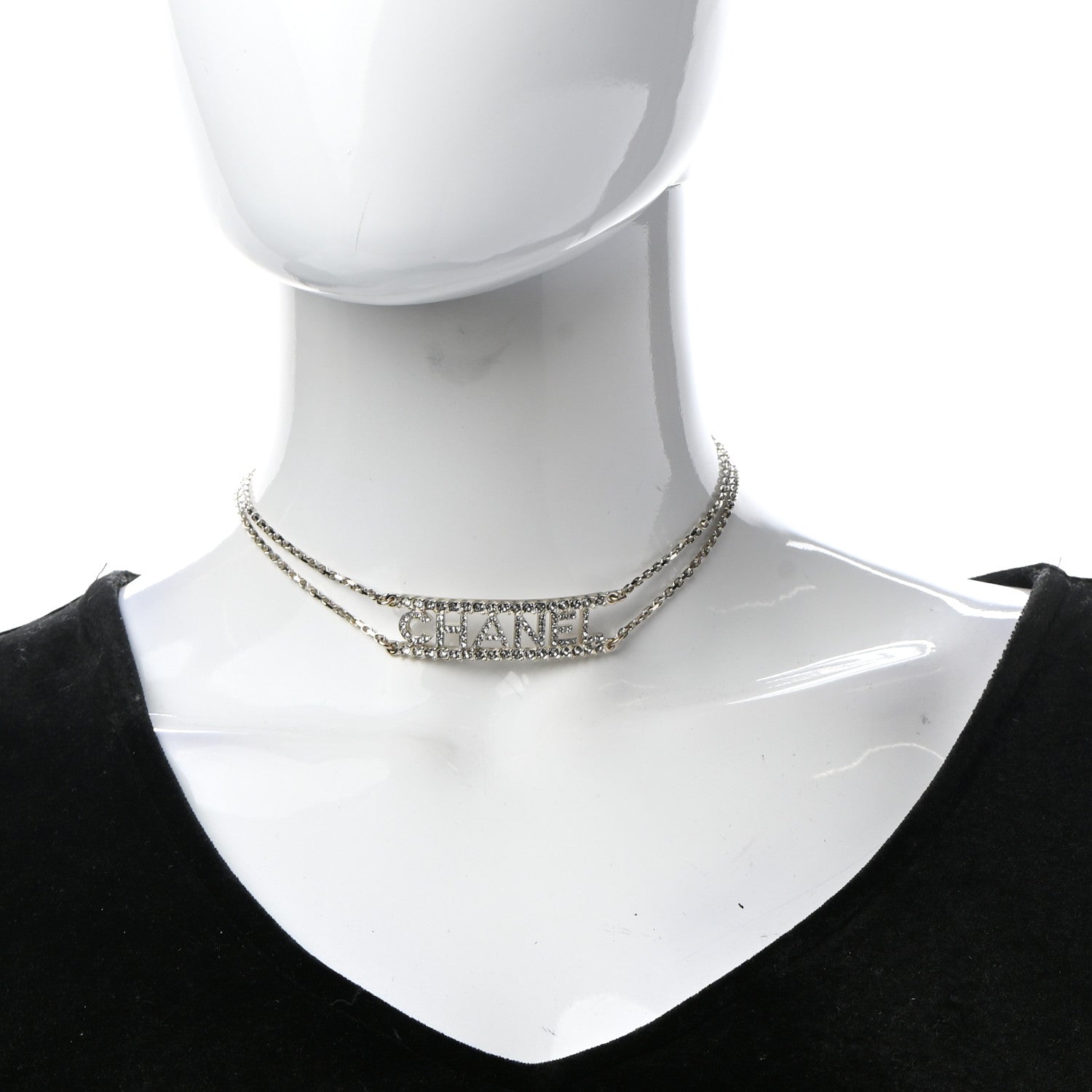 Chanel Metal Crystal Logo Choker Necklace Gold 2 of 7