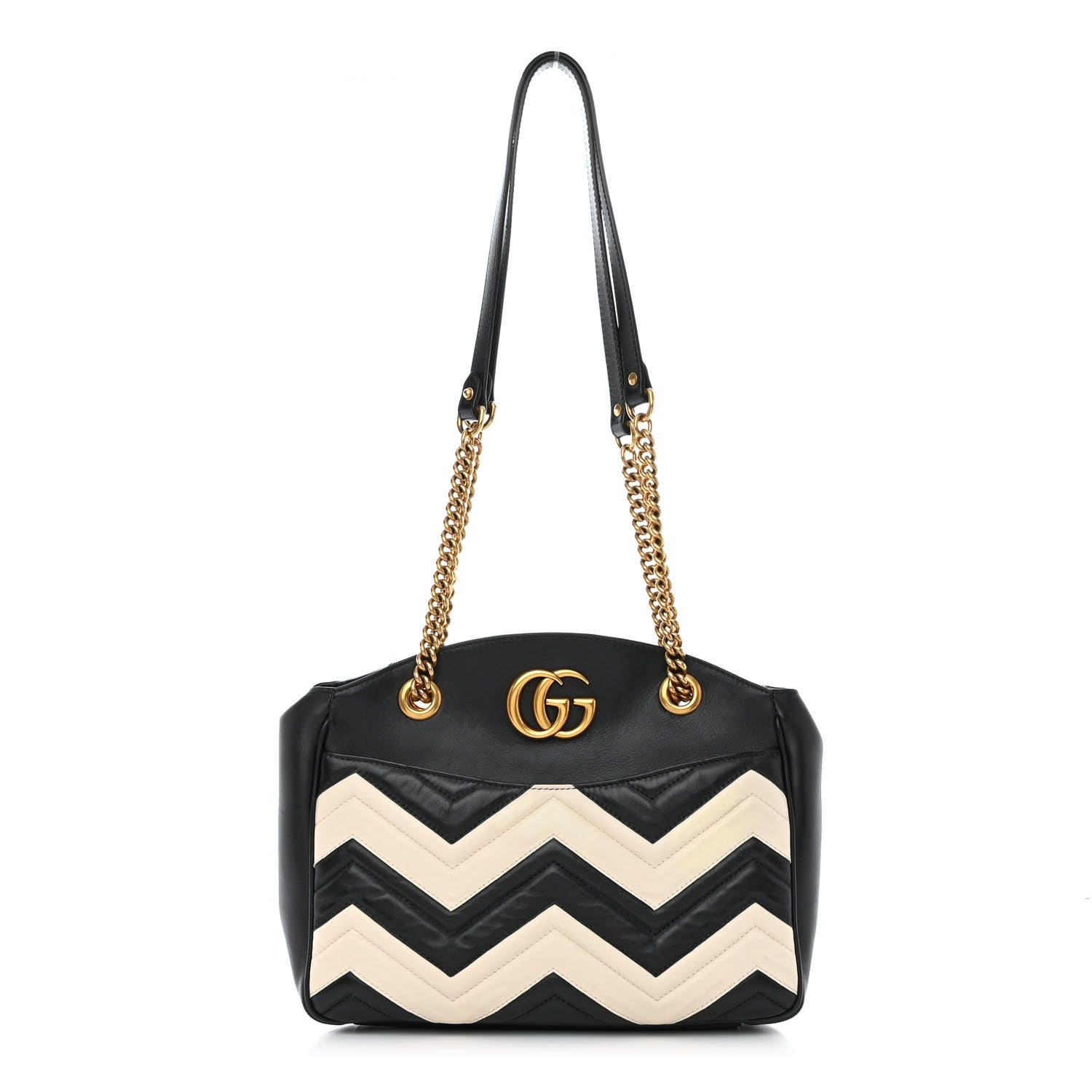 Gucci Calfskin Matelasse Medium GG Marmont Open Top Shoulder Bag Black White 1 of 12