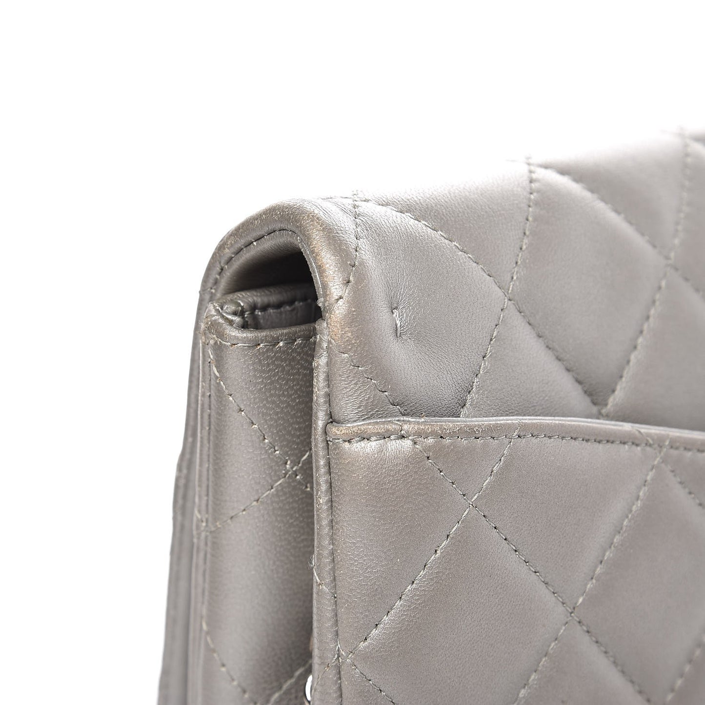 Metallic Lambskin Quilted Clutch With Chain Flap Grey