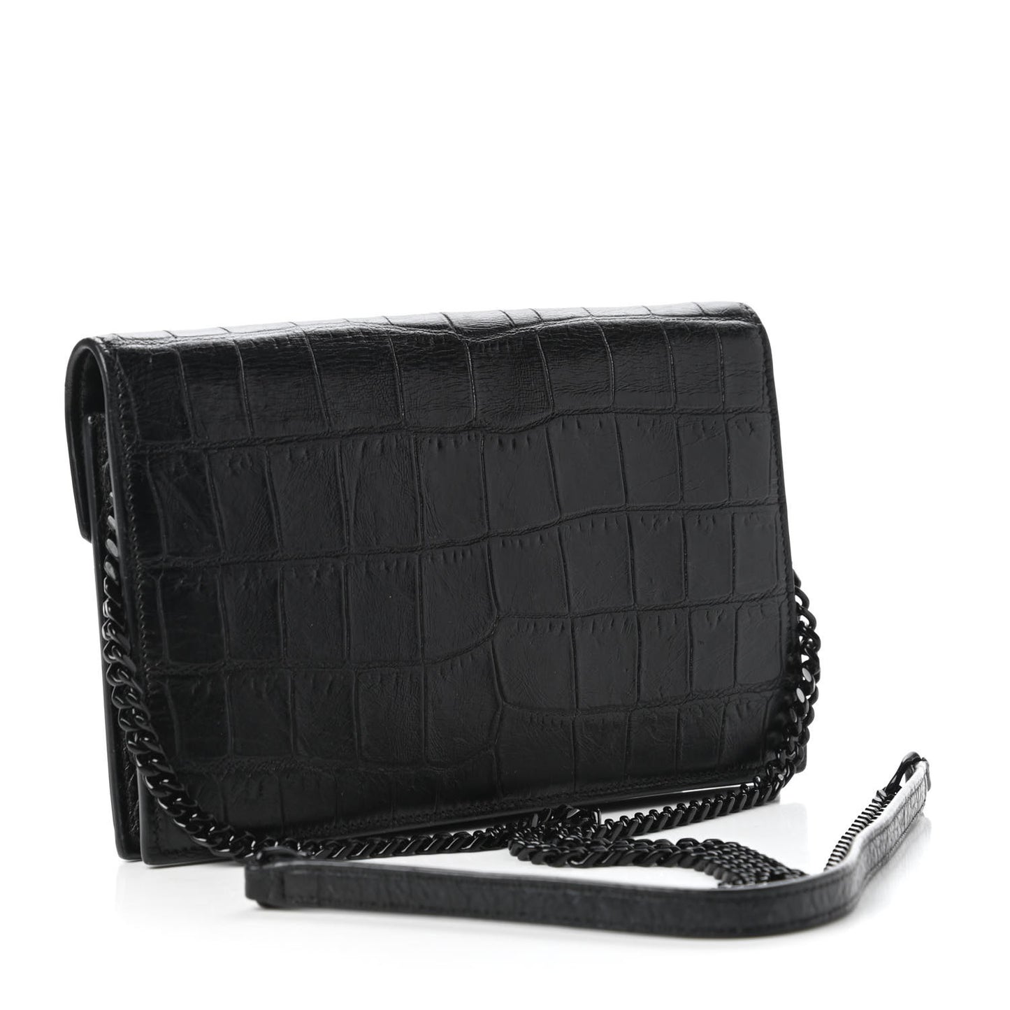 Calfskin Crocodile Embossed Monogram Envelope Chain Wallet Black