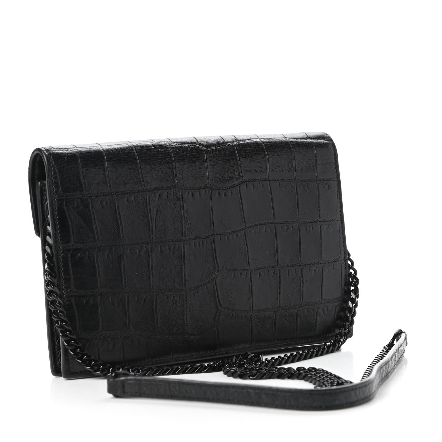 Saint Laurent Calfskin Crocodile Embossed Monogram Envelope Chain Wallet Black 3 of 10