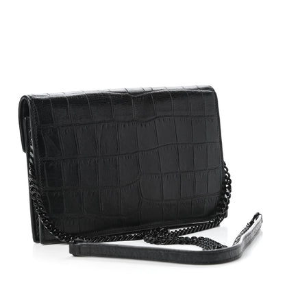 Saint Laurent Calfskin Crocodile Embossed Monogram Envelope Chain Wallet Black 3 of 10