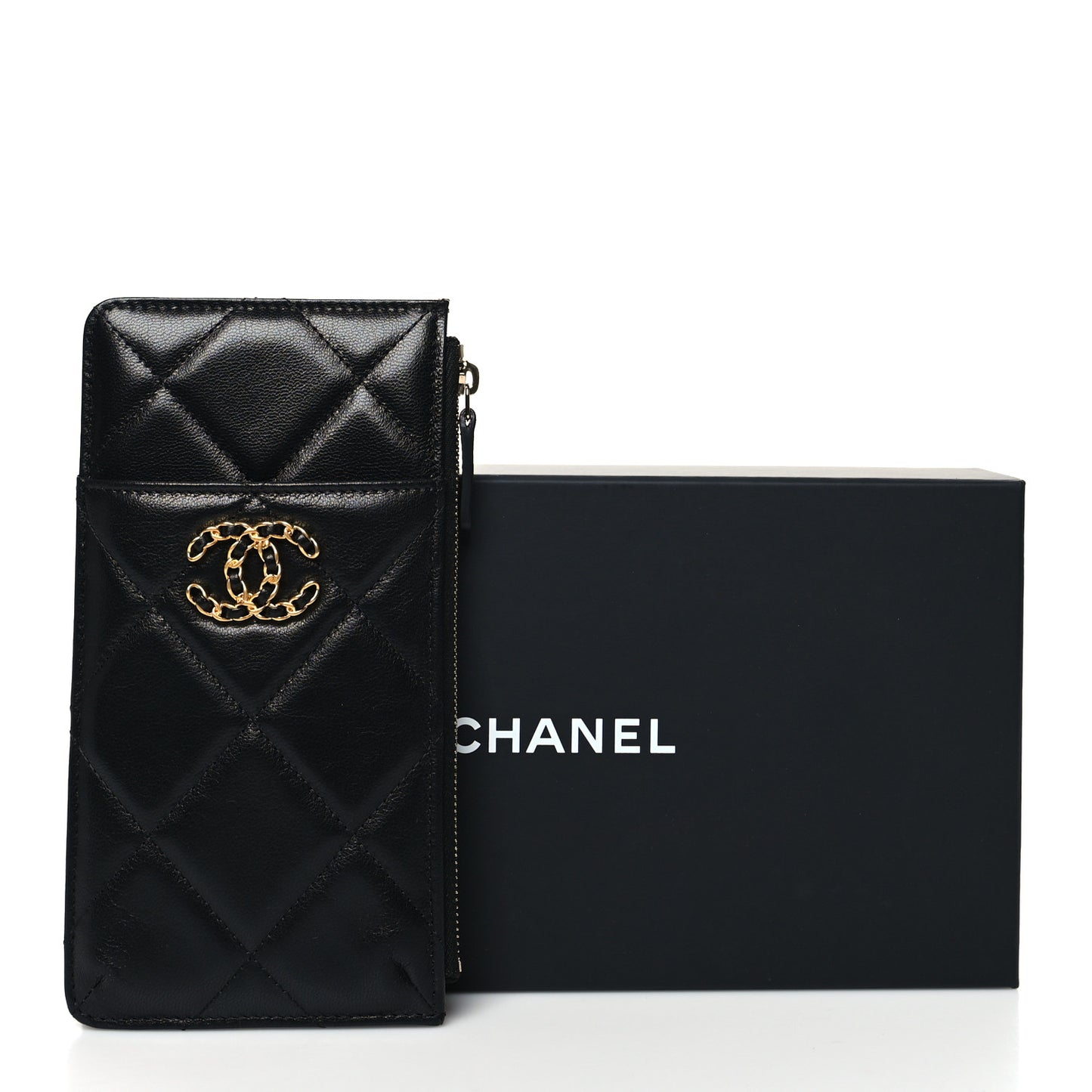 Goatskin Quilted Chanel 19 Phone and Card Holder Black
