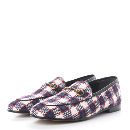 Gucci Vintage Tweed Check Horsebit Womens Jordaan Loafers 40.5 White Hibiscus Red Marine 2 of 14