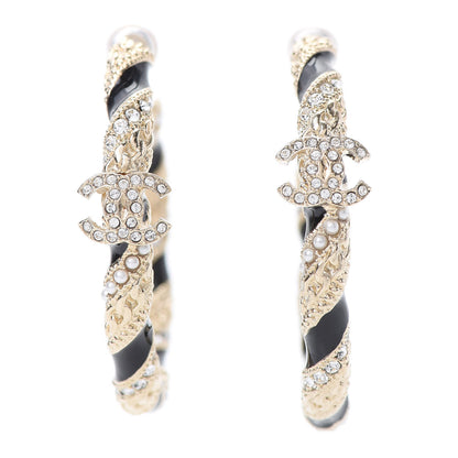 Chanel Crystal Pearl Twist CC Hoop Earrings Gold Black 1 of 6