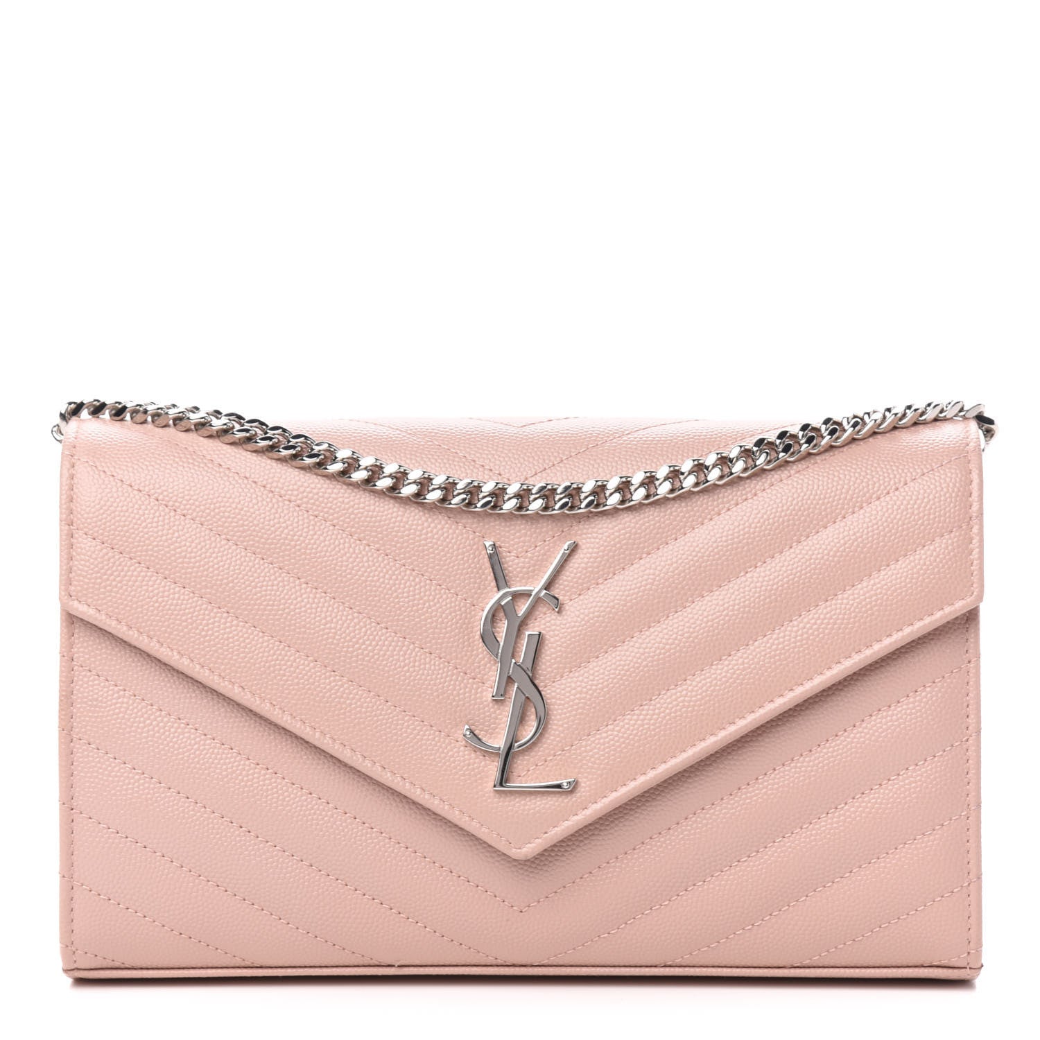 Saint Laurent Grain De Poudre Matelasse Chevron Monogram Chain Wallet Pale Pink 1 of 9