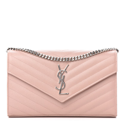 Saint Laurent Grain De Poudre Matelasse Chevron Monogram Chain Wallet Pale Pink 1 of 9