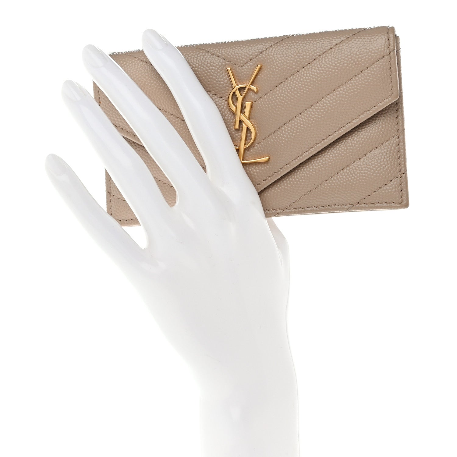 Saint Laurent Grain De Poudre Matelasse Chevron Monogram Compact Wallet Dark Beige 2 of 8