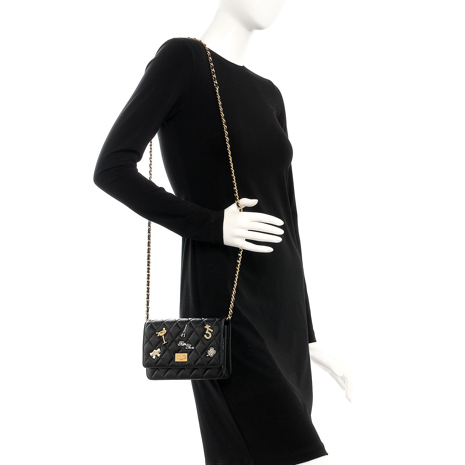 Chanel Aged Calfskin Quilted Lucky Charms 2.55 Reissue Wallet On Chain WOC Black 2 of 9