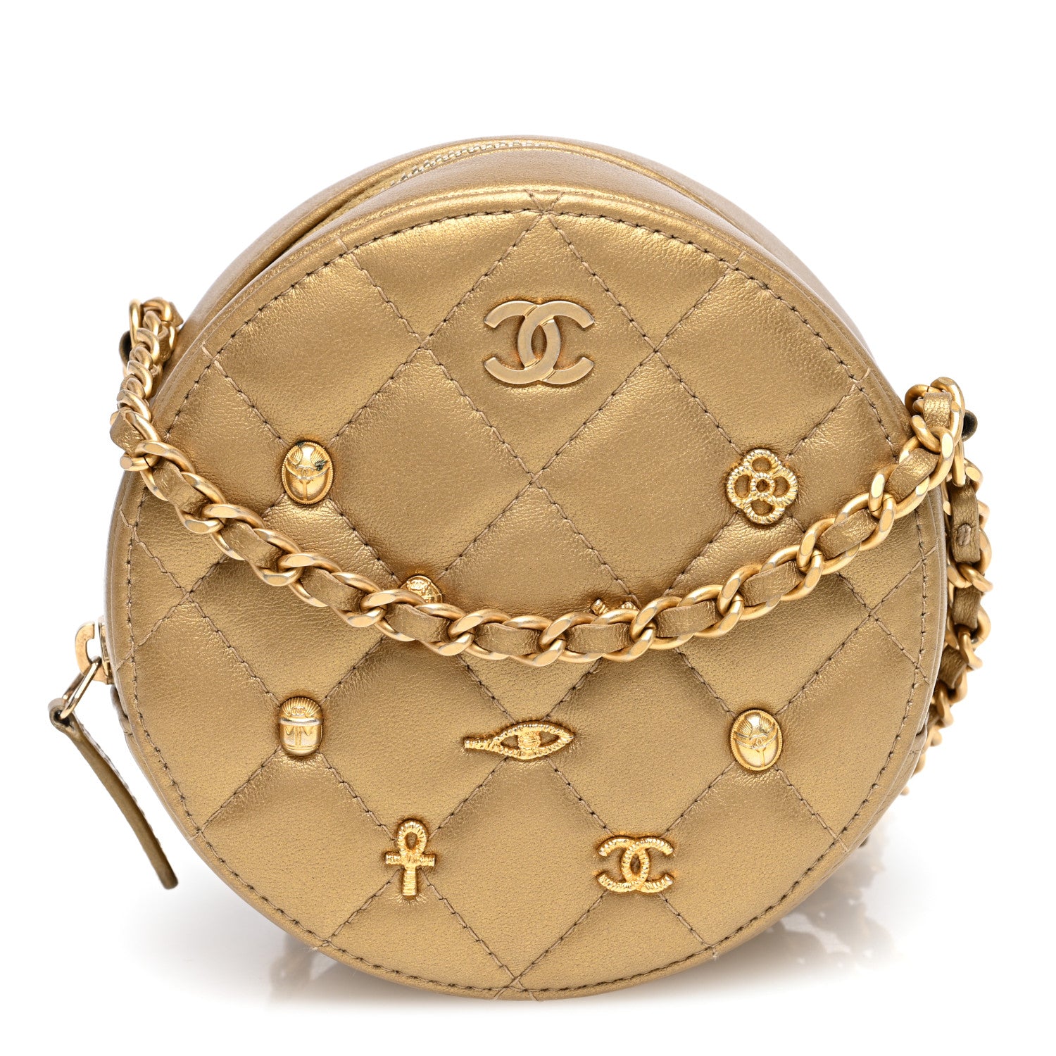 Chanel Metallic Lambskin Quilted Egyptian Amulet Round Clutch With Chain Gold 1 of 10