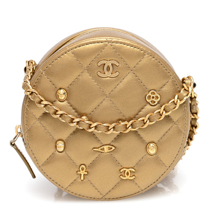 Chanel Metallic Lambskin Quilted Egyptian Amulet Round Clutch With Chain Gold 1 of 10