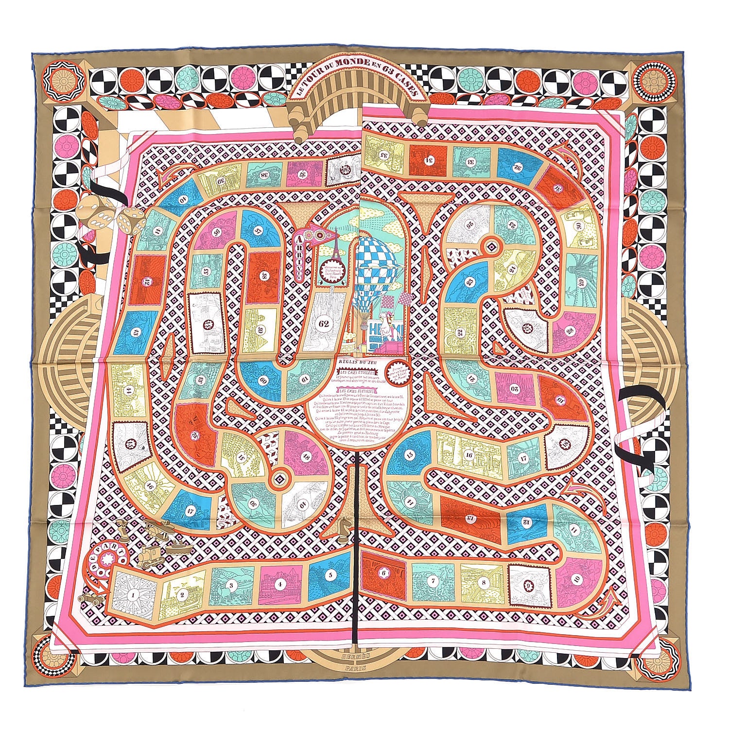 Hermes Silk Le Tour Du Monde En 63 Cases Scarf 90 Biege Jaune Rose 1 of 6